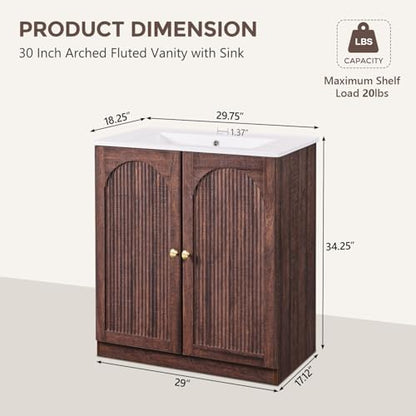 IFBUY 30 Inch Arched Bathroom Vanity with Sink, Fluted Design, Dark Walnut