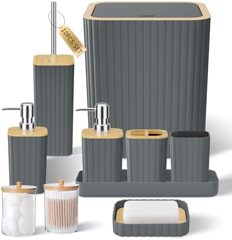 XLHOMO Bathroom Set - Elegant Grey Bathroom Set, 10PC Grey Bathroom Accessories Set, Bathroom Sets with Toilet Brush, Bathroom Trash Can