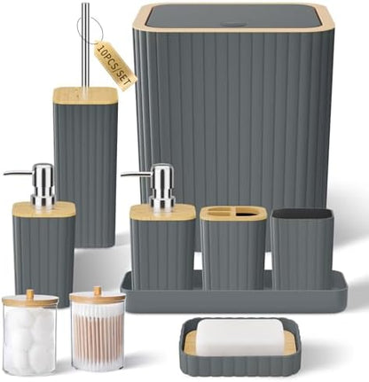 XLHOMO Bathroom Set - Elegant Grey Bathroom Set, 10PC Grey Bathroom Accessories Set, Bathroom Sets with Toilet Brush, Bathroom Trash Can