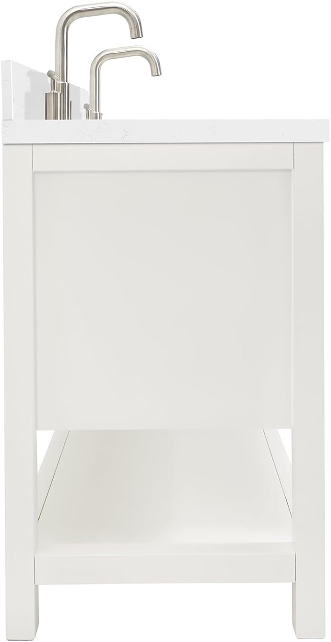 ARIEL Magnolia 72-inch Bathroom Vanity with Sink,Solid Wood, 1.5-inch Carrara White Quartz Countertop, Double Rectangular Porcelain Sink, 4 Soft Closing Doors, 3 Dovetail Drawers, White