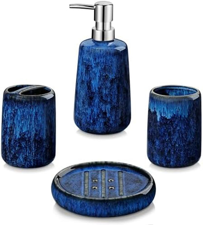 vancasso Blue Bathroom Accessories Set, Ceramic Soap Dispenser and Toothbrush Holder Sets, Stoneware 4 Pcs Bathroom Sink Set for Modern Home Decor, Series Starry