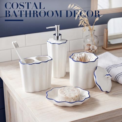 Zhehao 4 Pcs Scalloped Ceramic Bathroom Accessories Set,8.5 Inch, Blue