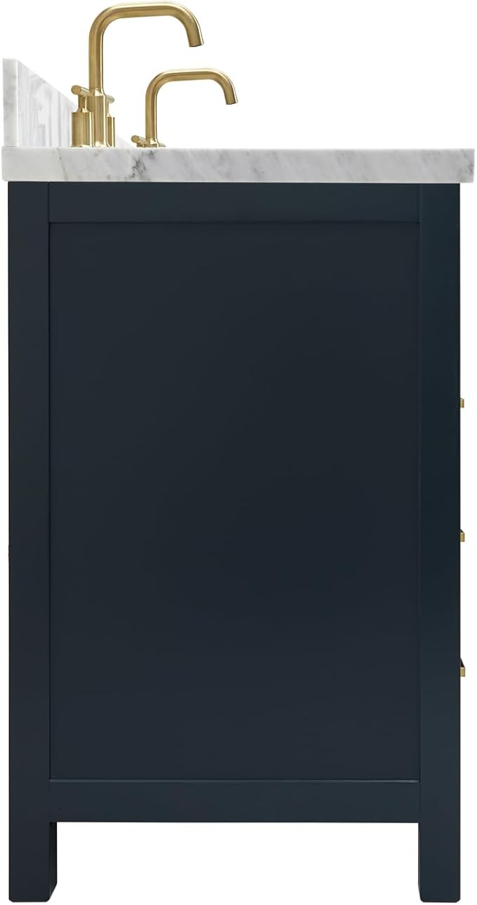 ARIEL Cambridge 66-inch Bathroom Vanity with Sink,Solid Wood, 1.5-inch Italian Carrara Marble Countertop, Double Rectangular Porcelain Sink, 4 Soft Closing Doors, 6 Dovetail Drawers, Midnight Blue