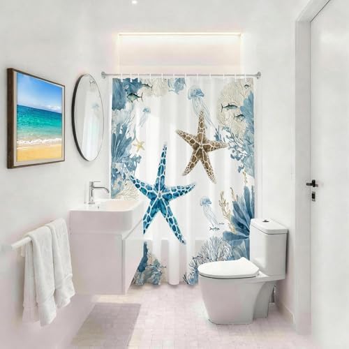 Blue Beach Shower Curtain for Bathroom, Ocean Coastal Theme, 72x84 In