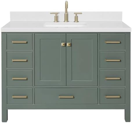 ARIEL Cambridge 48-inch Bathroom Vanity with Sink,Solid Wood, 1.5-inch Carrara White Quartz Countertop, Single Rectangular Porcelain Sink, 2 Soft Closing Doors, 9 Dovetail Drawers, Vintage Green