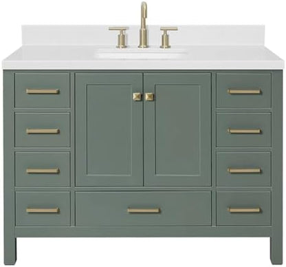ARIEL Cambridge 48-inch Bathroom Vanity with Sink,Solid Wood, 1.5-inch Carrara White Quartz Countertop, Single Rectangular Porcelain Sink, 2 Soft Closing Doors, 9 Dovetail Drawers, Vintage Green
