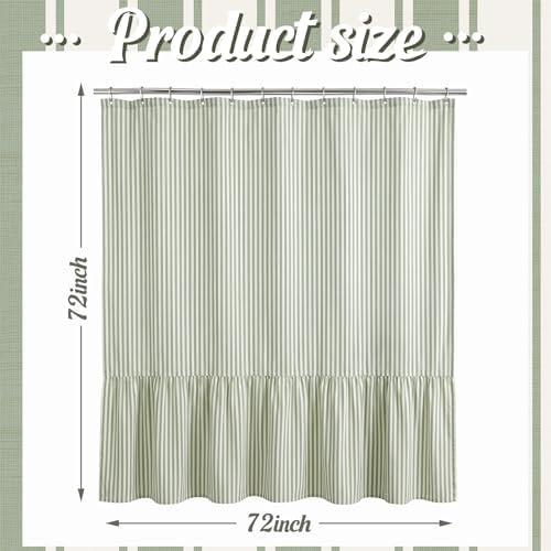 HunnmingRe Sage Green Farmhouse Striped Shower Curtain Ruffle Hem 72x72''