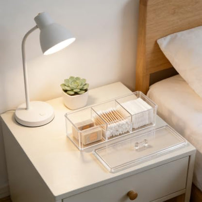 Clear Bathroom Organizer with Lid, 3 Compartment Cotton Swab Holder