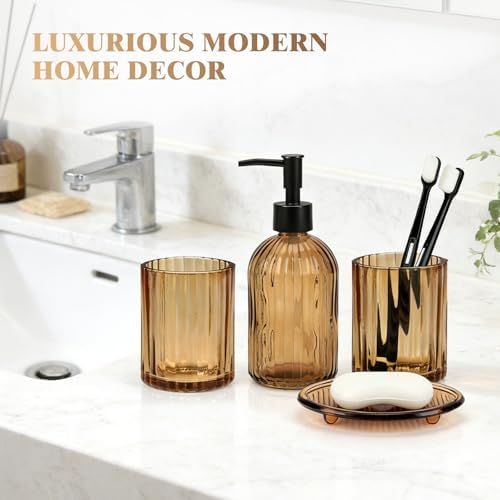 Glass Bathroom Accessories Set, 4Pcs Bathroom Accessories Sets Complete Lotion Soap Dispenser, Toothbrush Holder, Mouthwash Cup, Soap Dish for Bath Decor, Countertop Vanity Organizer (Amber)