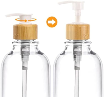 Bamboo Bathroom Accessories Set 4 Pcs - Clear Toothbrush Holder Plastic Soap Dispenser and 2 Qtip Holder Cotton Swab/Pad/Ball Container Jar