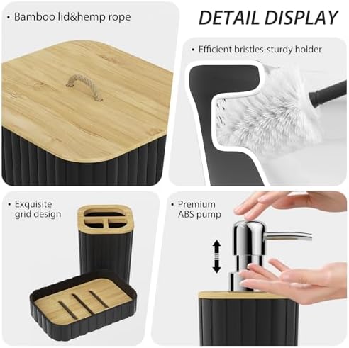 Bathroom Accessory Set - 25PC Bathroom Sets with Shower Curtain and Rugs, Black Bathroom Set, Bathroom Accessories Set, Shower Curtain Sets with Rugs, Bathroom Trash Can & Soap Dispenser