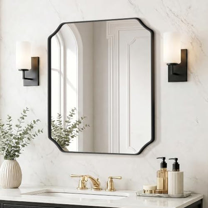 Delma Bathroom Vanity Mirror, Black Framed Aluminum Bathroom Mirror for Over Sink, Scalloped Round Corner Wall Mirror, High-Definition Vanity Mirror, Hangs Horizontally or Vertically (30x24,Black)
