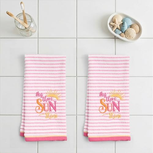 Ritz 2-Piece Cotton Velour Bathroom Hand Towel Set, Embroidered Hey Sunshine Design, Pink Pinstripe Decorative Bathroom Towels for Guest Bath, Kids Room, or Nursery, 16” x 26”