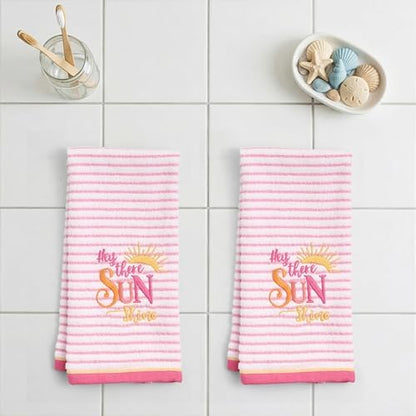 Ritz 2-Piece Cotton Velour Bathroom Hand Towel Set, Embroidered Hey Sunshine Design, Pink Pinstripe Decorative Bathroom Towels for Guest Bath, Kids Room, or Nursery, 16” x 26”