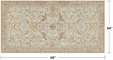 Beige 2x4 Washable Rug for Bathroom, Entryway Non Slip - Soft Low Pile Boho Small Throw Rugs for Kitchen, Powder Room - Unique Boho Bird Botanical Decorative Door Mats Stain Resistant