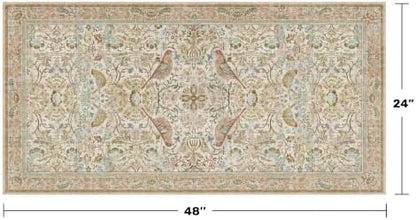 Beige 2x4 Washable Rug for Bathroom, Entryway Non Slip - Soft Low Pile Boho Small Throw Rugs for Kitchen, Powder Room - Unique Boho Bird Botanical Decorative Door Mats Stain Resistant