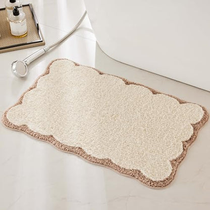 Ohocut Luxury Microfiber Bathroom Rugs, Beige Sand Scalloped Bath Rug Boho Farmhouse Cute Aesthetic Preppy Bath Mat for Bathroom, Tub, Floor Carpet, Sink, Shower, Anti Slip, Absorbent, 26x16