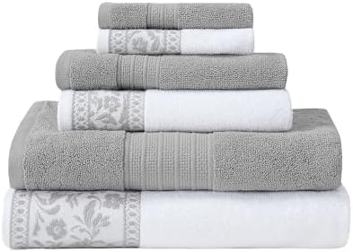 Modern Threads Allie 6-Piece 100% Cotton Towel Set – Jacquard Floral Border – Includes 2 Bath Towels, 2 Hand Towels, 2 Washcloths – Absorbent, Quick Dry, Soft & Durable – Gray