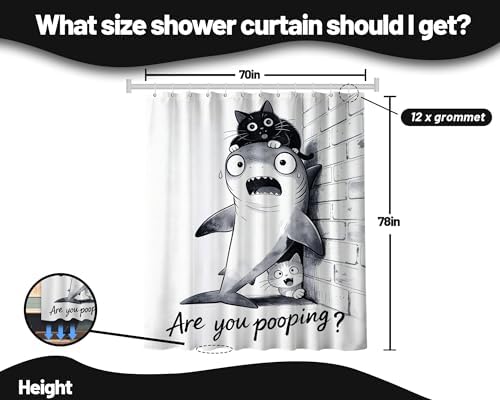 Extra Tall Shower Curtain XL Fun Cat Riding Shark, 70 x 78 Inchs
