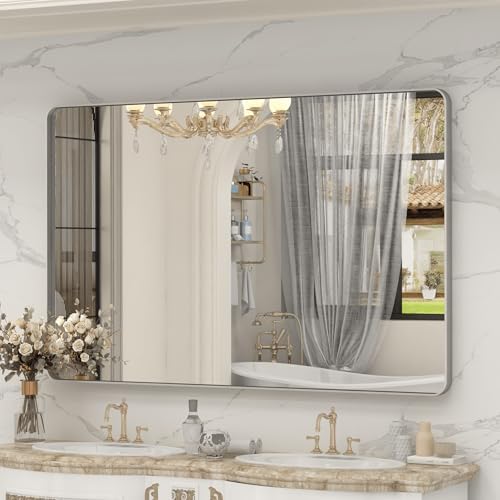 60x36 Inch Brushed Nickel Bathroom Mirror, Large Brushed Silver Metal Framed Wall Mirror, Rounded Corner Rectangle Modern Vanity Mirror, Tempered Glass, Anti-Rust, Shatterproof (Horizontal/Vertical)