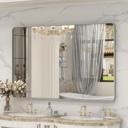 60x36 Inch Brushed Nickel Bathroom Mirror, Large Brushed Silver Metal Framed Wall Mirror, Rounded Corner Rectangle Modern Vanity Mirror, Tempered Glass, Anti-Rust, Shatterproof (Horizontal/Vertical)