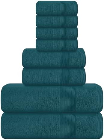 Belizzi Home 8 Piece Towel Set 100% Ring Spun Cotton, 2 Bath Towels 27x54, 2 Hand Towels 16x28 and 4 Washcloths 13x13 - Ultra Soft Highly Absorbent Machine Washable Hotel Spa Quality - Teal
