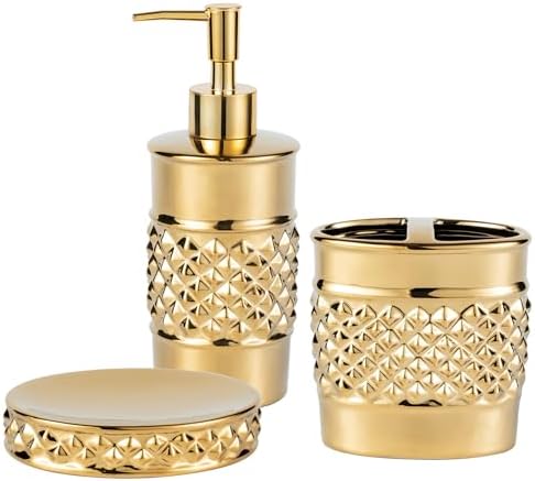 3-Piece Gold Ceramic Bathroom Accessories Set - Luxurious Soap Dispenser, Toothbrush Holder & Soap Dish with Modern Geo Embossed Design for Bathroom Accessory Set