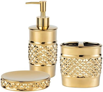 3-Piece Gold Ceramic Bathroom Accessories Set - Luxurious Soap Dispenser, Toothbrush Holder & Soap Dish with Modern Geo Embossed Design for Bathroom Accessory Set