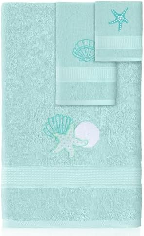 3 Pcs Coastal Seashell Bathroom Towel Set, Embroidered Decor