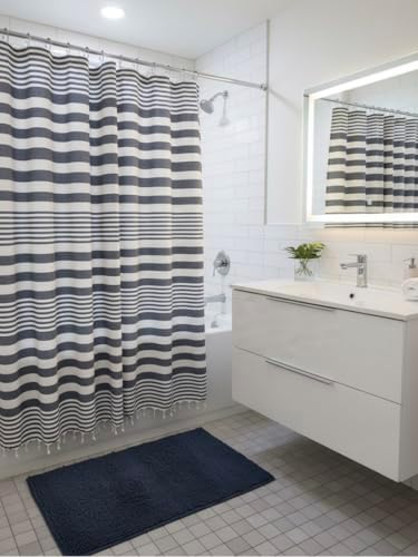 Serafina Home Denim Blue & White Striped Cotton Shower Curtain with Fringe