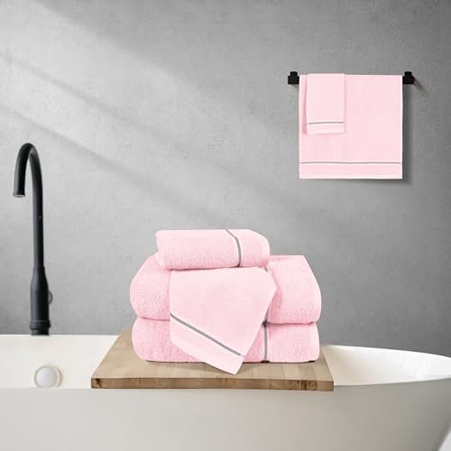 MyOwn Ultra Soft 6 Pack Cotton Towel Set, Contains 2 Bath Towels 28x55 inch, 2 Hand Towels 16x24 inch & 2 Wash Coths 12x12 inch, Ideal Everyday use, Compact & Lightweight - Pink