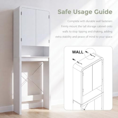 Over the Toilet Storage Cabinet, 69.69" Curved Bathroom Storage Organizer Cabinet with Doors and Adjustable Shelves, Wooden Free Standing Toilet Space Saver Rack, White