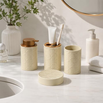 Ceramic Bathroom Accessory Set 4 Pcs with Lotion/Soap Dispenser, Toothbrush Holder, Soap Dish, Tumbler, Modern Scandinavian Bathroom Decor and Storage Set, Easy to Clean, Creamy, Beige
