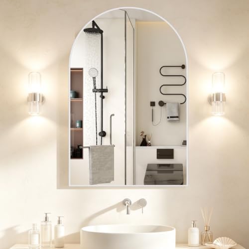 Wall Mounted Mirror, Arched Wall Mirror for Bathroom, 24"x36" Arch Bathroom Mirror with Metal Frame, White Vanity Mirror Decor for Mantle, Bedroom, Entryway, Living Room
