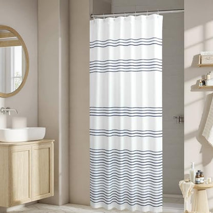jinchan Small Stall Shower Curtain 36x72 inches Navy Blue and White Modern Farmhouse Striped Waterproof Fabric Shower Curtains for Bathroom with 7 Hooks Machine Washable