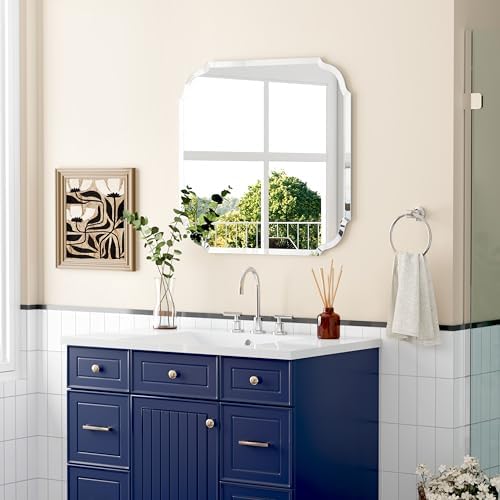 Silver Wall Mirror-Beveled Edge Frameless Mirror for Bathroom, Vanity, Bedroom, Rectangle Mirror（24X24inch）