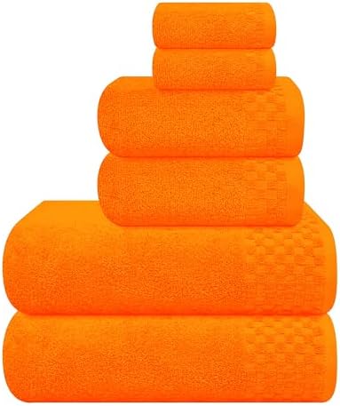 MyOwn Premium Cotton 6 Pack Towel Set for Bathroom, Contains 2 Bath Towels 28x55 inch, 2 Hand Towels 16x24 inch & 2 Wash Coths 12x12 inch, Ideal Everyday use, Compact & Lightweight - Orange