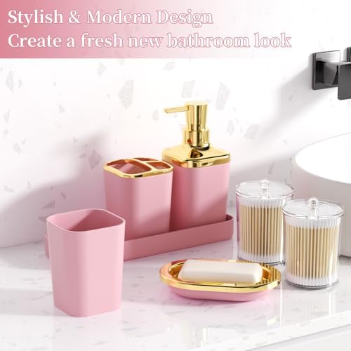 XLHOMO Bathroom Accessories Set - 25PC Bathroom Set with Shower Curtain and Rugs, Pink Bathroom Set, Bathroom Accessory Set with Press-on Lid Trash Can, Soap Dispenser and Qtip Holders