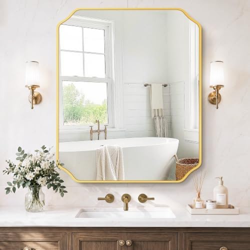 Gold Vanity Bathroom Mirror, 30" x 36" Scalloped Mirror for Wall