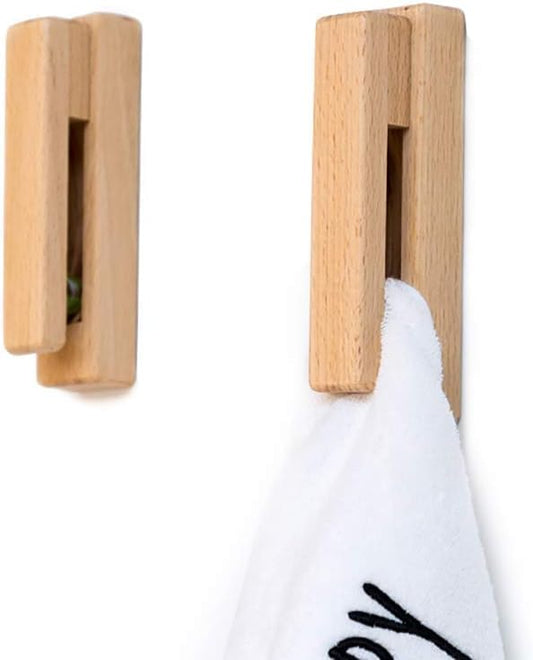 JINMURY Wood Towel Hooks -Set of 2 Self Adhesive Vintage Towel Holder Wooden Wall Mounted Towel Racks for Bathroom and Kitchen Home Decor- Quick Drying, Firmly Holds(Beech)