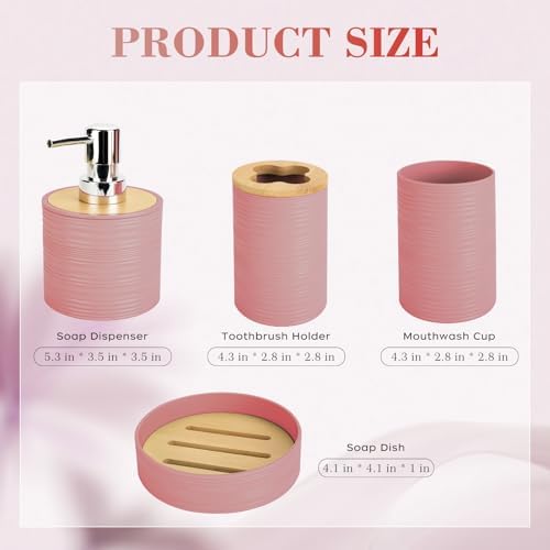 4PCS Light Pink Bathroom Set, Soap Dispenser, Dish & Bamboo Holder, Rustic
