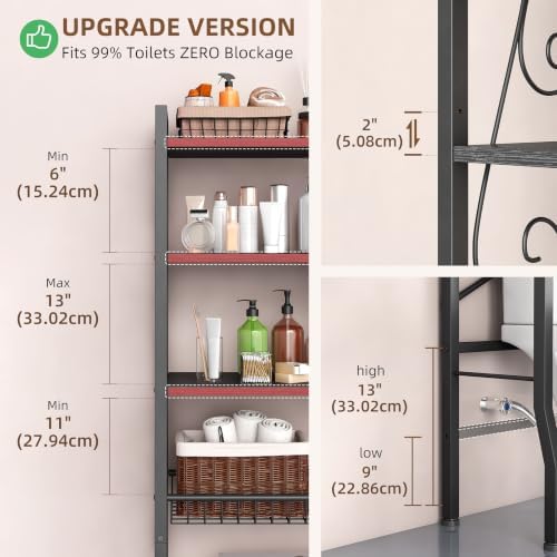 Over-The-Toilet Storage Rack 4-Tier,Bathroom Organizer Shelf Over Toilet,Adjustable Wooden Shelves and Basket,Freestanding Above Toilet Shelf,Space Saver for Rooms(Black Rack-Black Shelves)