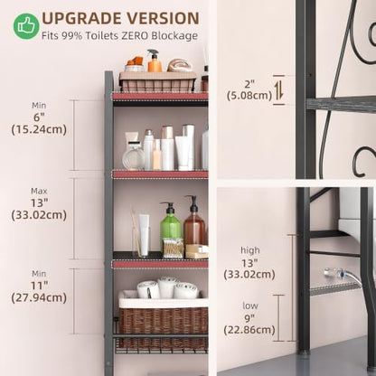 Over-The-Toilet Storage Rack 4-Tier,Bathroom Organizer Shelf Over Toilet,Adjustable Wooden Shelves and Basket,Freestanding Above Toilet Shelf,Space Saver for Rooms(Black Rack-Black Shelves)