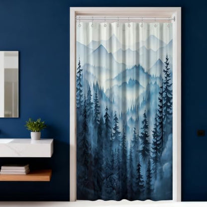 Navy Blue Forest Stall Shower Curtain, 54X72 in Narrow Small, Mountain