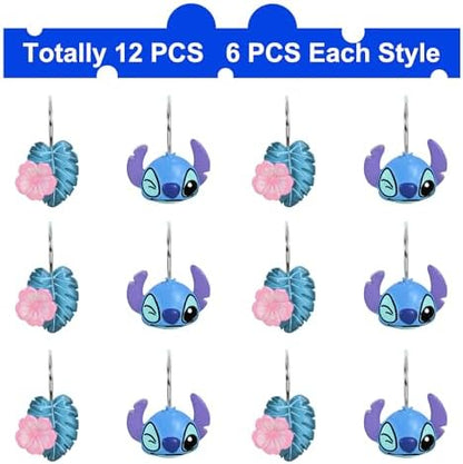 12-Piece Blue Cute Shower Curtain Hooks for Bathroom