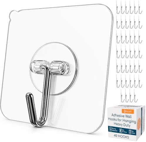 GLUIT Adhesive Wall Hooks for Hanging Heavy Duty 22 lbs Hooks for Walls No Damage, Towel Sticky Clear Hooks, Waterproof, Home, Bathroom, Kitchen, Office, and Outdoor, 40 Pack