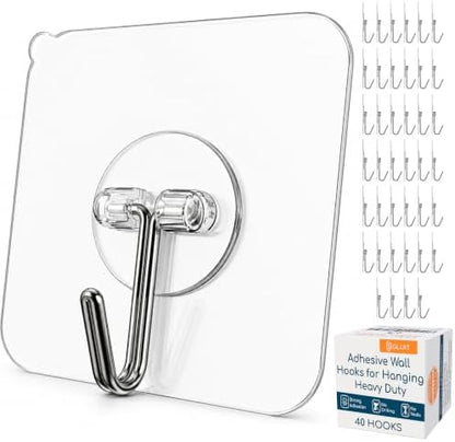 GLUIT Adhesive Wall Hooks for Hanging Heavy Duty 22 lbs Hooks for Walls No Damage, Towel Sticky Clear Hooks, Waterproof, Home, Bathroom, Kitchen, Office, and Outdoor, 40 Pack