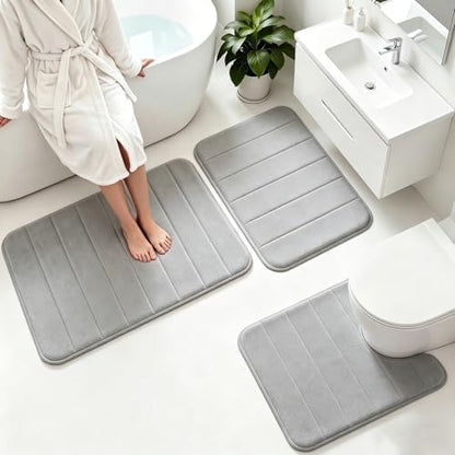 Memory Foam Bath Mat Set 3 Piece，Super Soft Absorbent Bathroom Rug Non Slip, Quick Dry,Machine Wash, Perfect Plush Bathroom Rugs,Home Decor Accessories,Grey