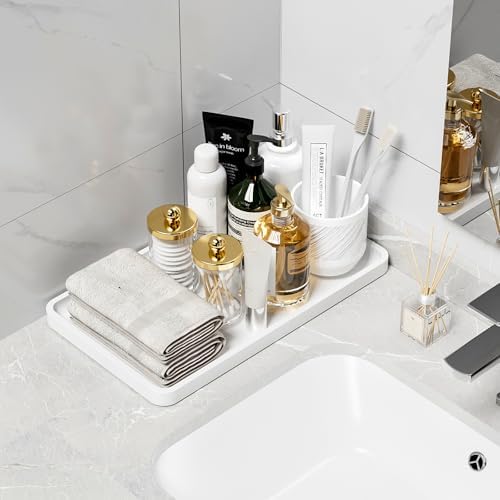 Weenson Bathroom Vanity Tray for Countertop Decor Perfume Makeup Toiletries Toilet Tank, Large Bamboo Kitchen Tray for Spice Salt, Serving Tray for Food Coffee, Nightstand Candle White 14.2”x8.3”