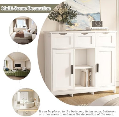 Sideboard Floor Storage Cabinet - Wooden Storage Organizer with 2 Doors and 3 Drawers, Free Standing Accent Buffet Cabinet with Adjustable Shelves for Living Room, Kitchen,Bathroom (White)